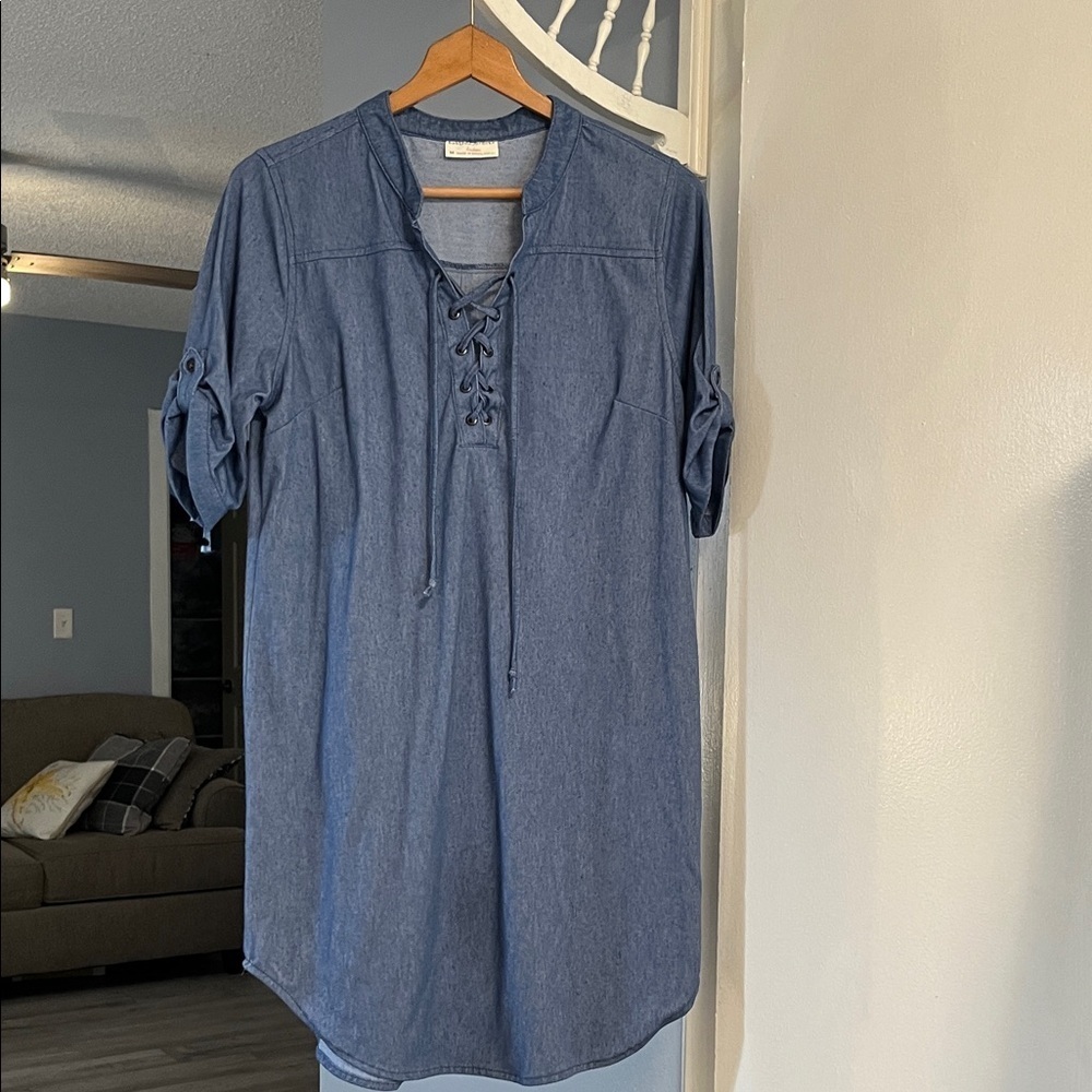 Bobbie Brooks Women’s Blue Lace-Up Roll Tab Sleeve Tunic Dress Size M